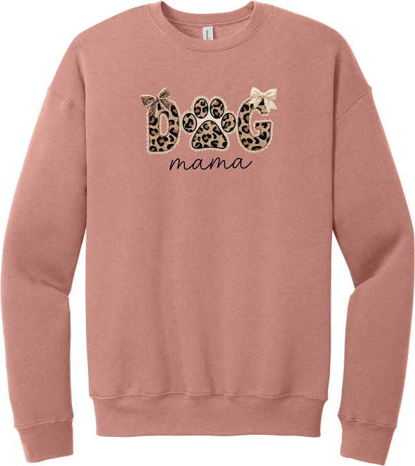 Autumn Dog Mama crewneck sweatshirt in Mauve, featuring leopard print DOG letters with a paw print, cream bows, and mama script