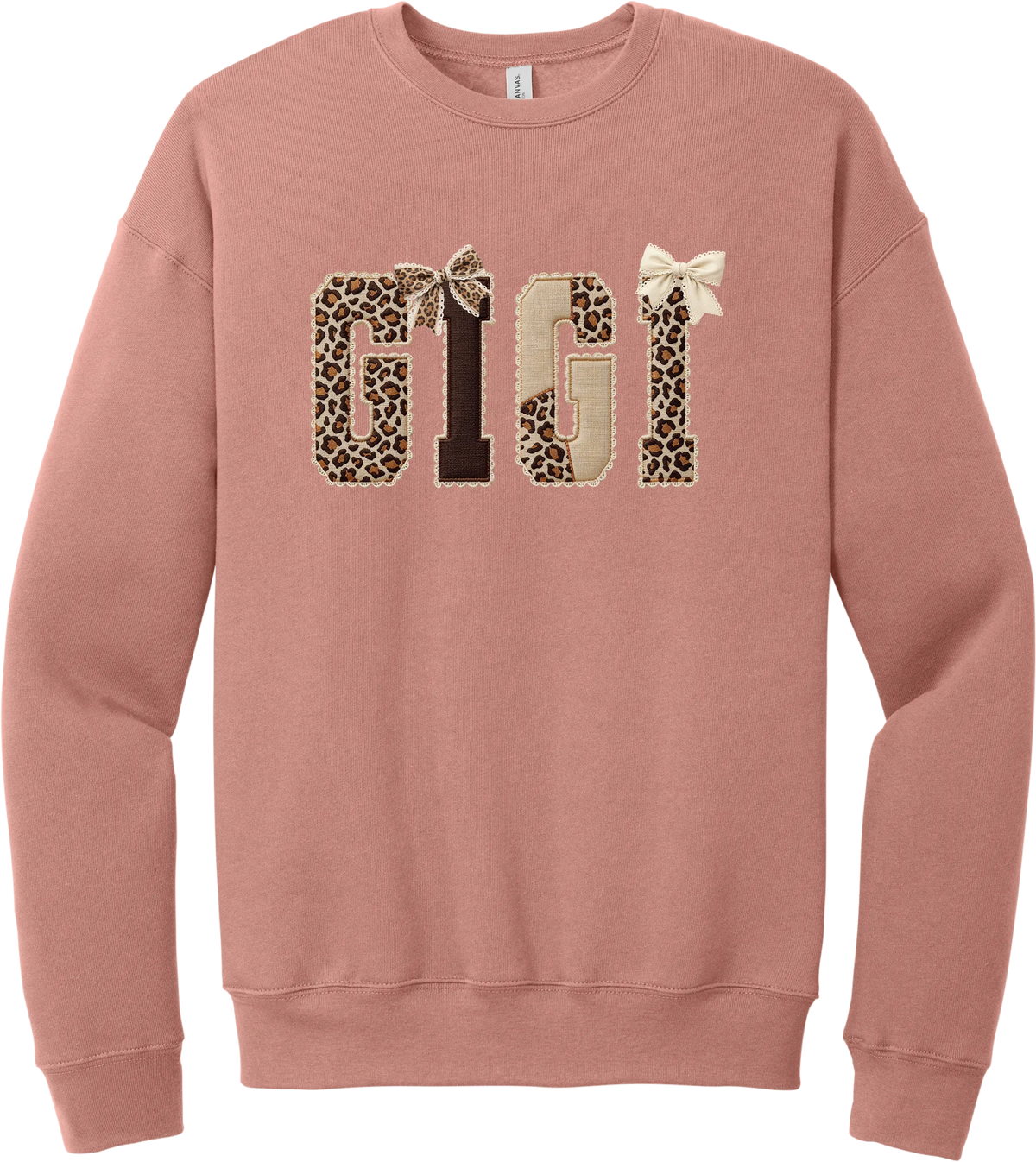 Grandma Leopard Applique crewneck sweatshirt in Mauve, featuring GIGI spelled out in leopard, cream, and chocolate patches with a scalloped stitched applique look and two bows