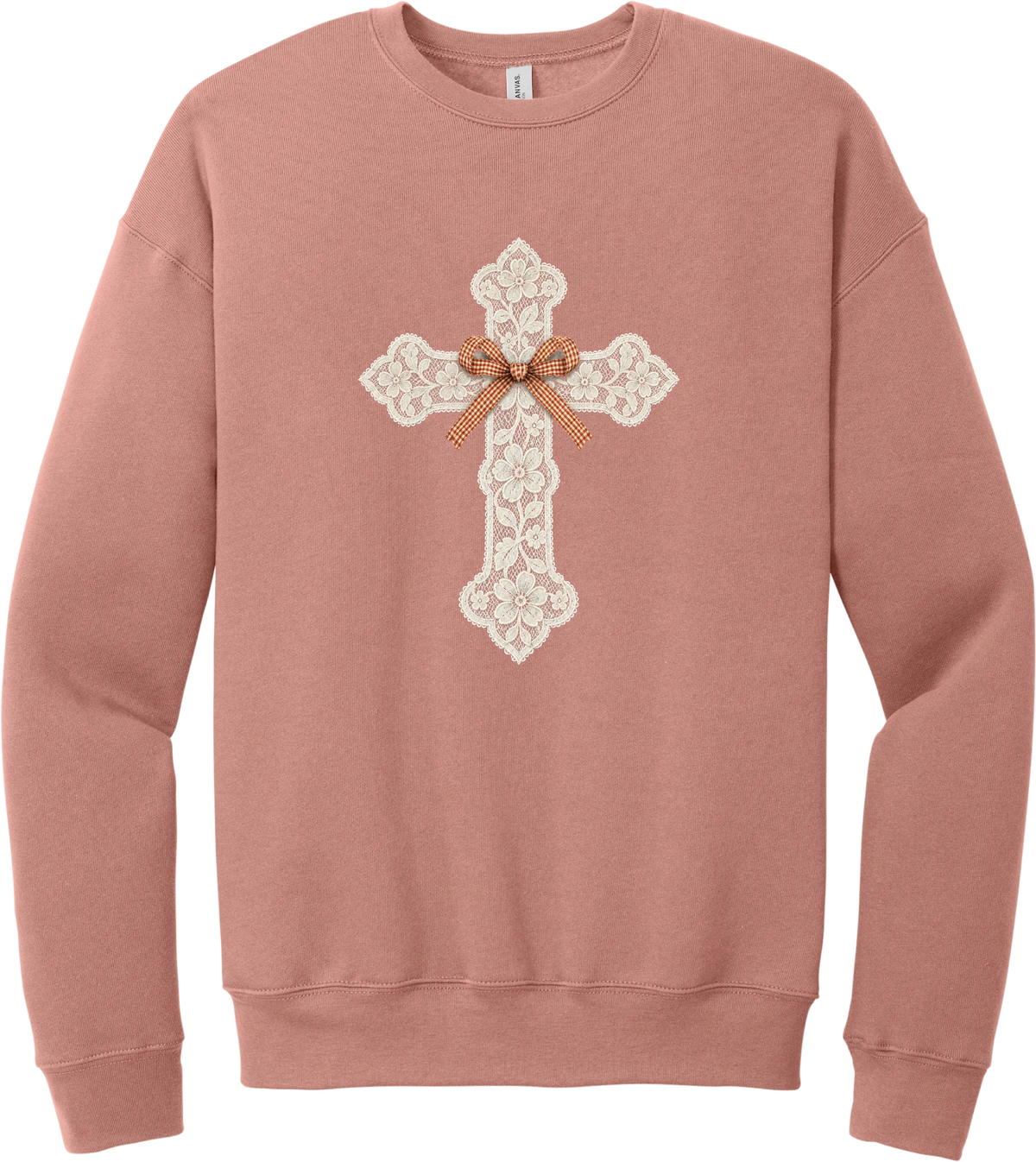 Vintage Lace Cross crewneck sweatshirt in Mauve, featuring a cream floral lace cross tied with an orange gingham bow