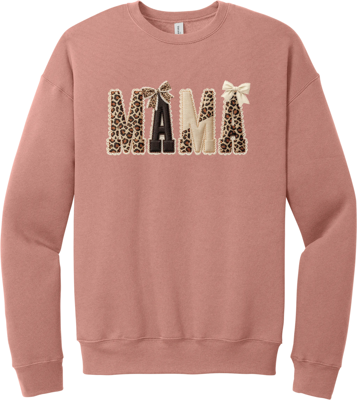 Mama Leopard Applique crewneck sweatshirt in Mauve, featuring MAMA spelled out in leopard, cream, and chocolate patches with a scalloped stitched applique look and two bows