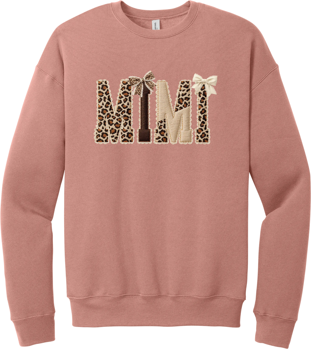 Grandma Leopard Applique crewneck sweatshirt in Mauve, featuring MIMI spelled out in leopard, cream, and chocolate patches with a scalloped stitched applique look and two bows