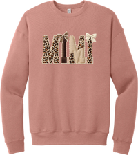 Grandma Leopard Applique crewneck sweatshirt in Mauve, featuring MIMI spelled out in leopard, cream, and chocolate patches with a scalloped stitched applique look and two bows