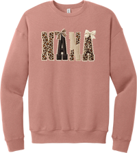 Grandma Leopard Applique crewneck sweatshirt in Mauve, featuring NANA spelled out in leopard, cream, and chocolate patches with a scalloped stitched applique look and two bows