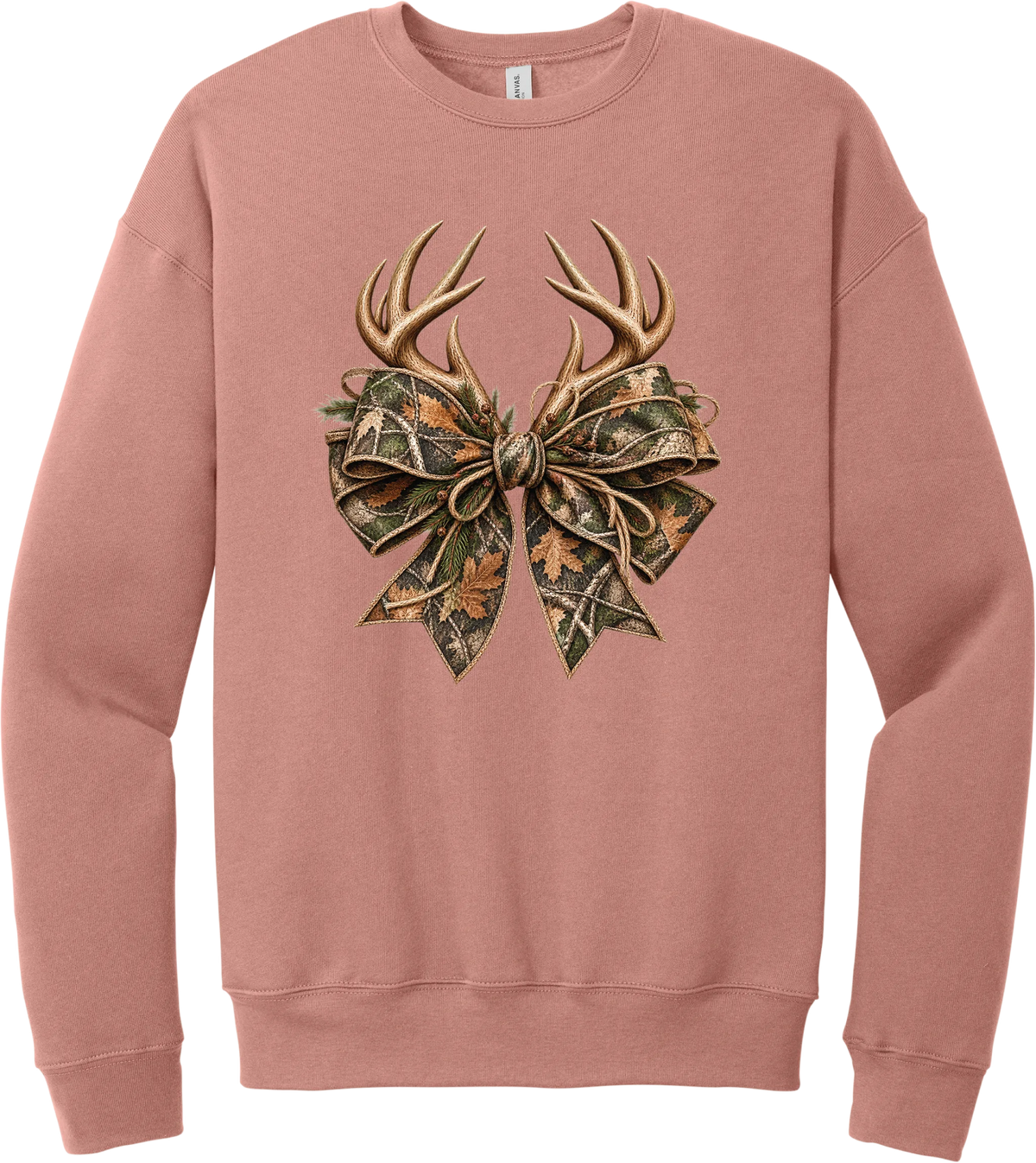 Coquette Antlers crewneck sweatshirt in Mauve, featuring deer antlers tied with an oversized camo bow, twine, and autumn leaves
