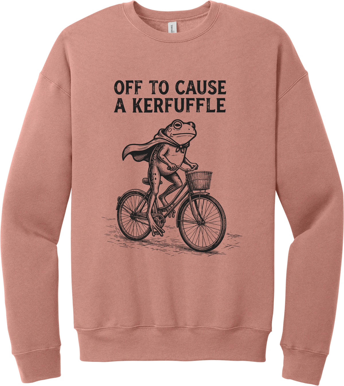 Off to Cause a Kerfuffle crewneck sweatshirt in Mauve, featuring a caped frog riding a vintage bicycle with Off to cause a kerfuffle