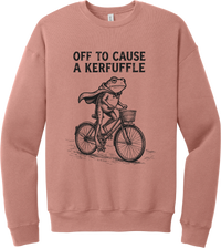 Off to Cause a Kerfuffle crewneck sweatshirt in Mauve, featuring a caped frog riding a vintage bicycle with Off to cause a kerfuffle