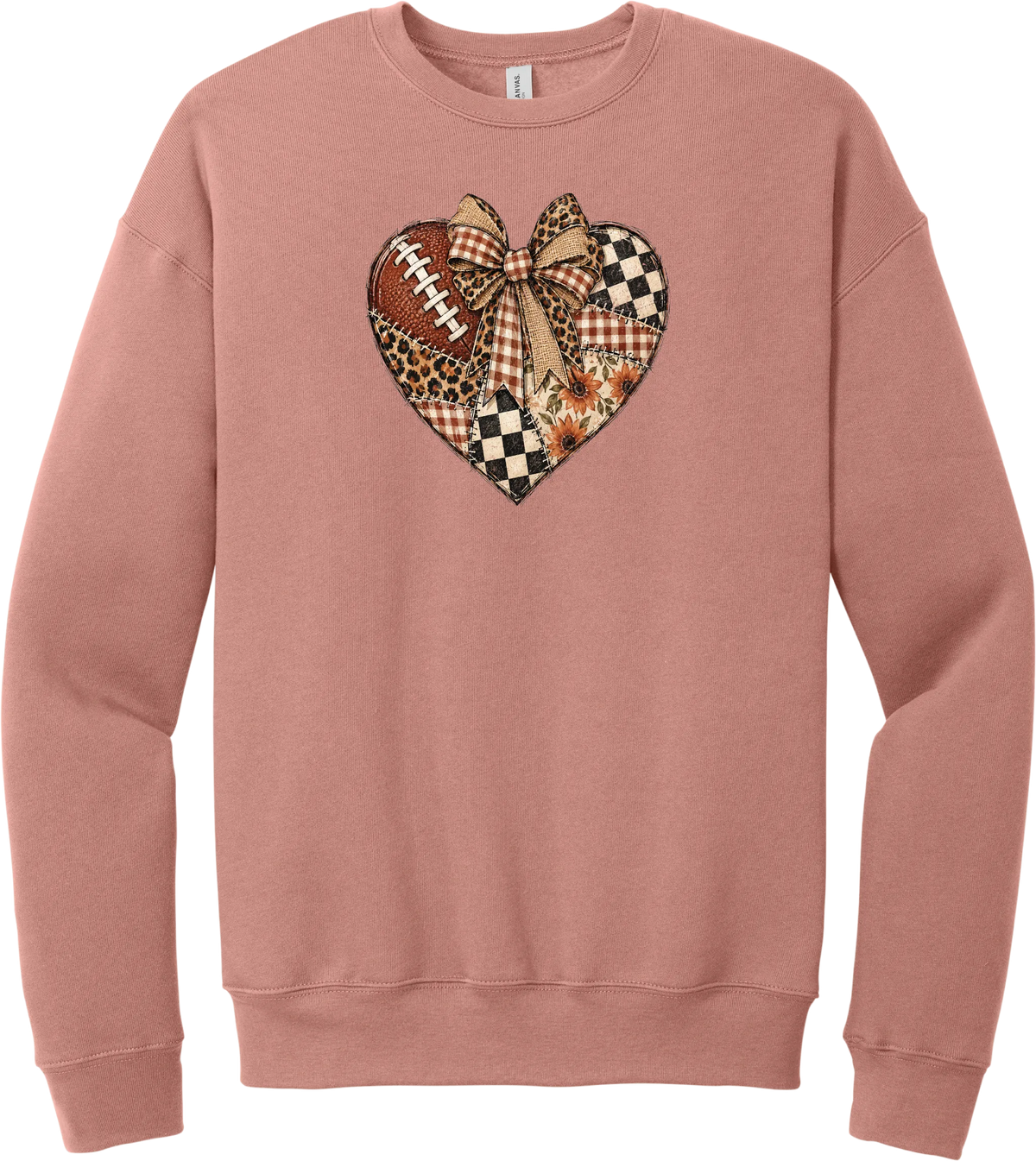 For the Love of Football crewneck sweatshirt in Mauve, featuring a patchwork heart in leopard, plaid, and checkerboard with a football and a cream bow