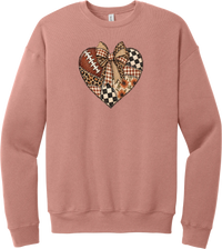 For the Love of Football crewneck sweatshirt in Mauve, featuring a patchwork heart in leopard, plaid, and checkerboard with a football and a cream bow