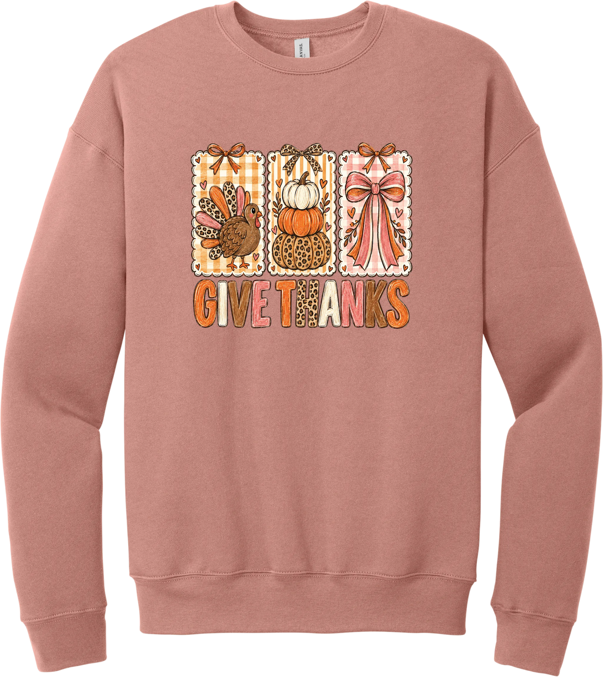 Give Thanks Coquette crewneck sweatshirt in Mauve, featuring three bow-topped stamp panels with a turkey, stacked pumpkins, and a pink bow above Give Thanks in patchwork letters