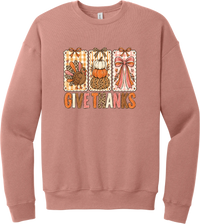 Give Thanks Coquette crewneck sweatshirt in Mauve, featuring three bow-topped stamp panels with a turkey, stacked pumpkins, and a pink bow above Give Thanks in patchwork letters