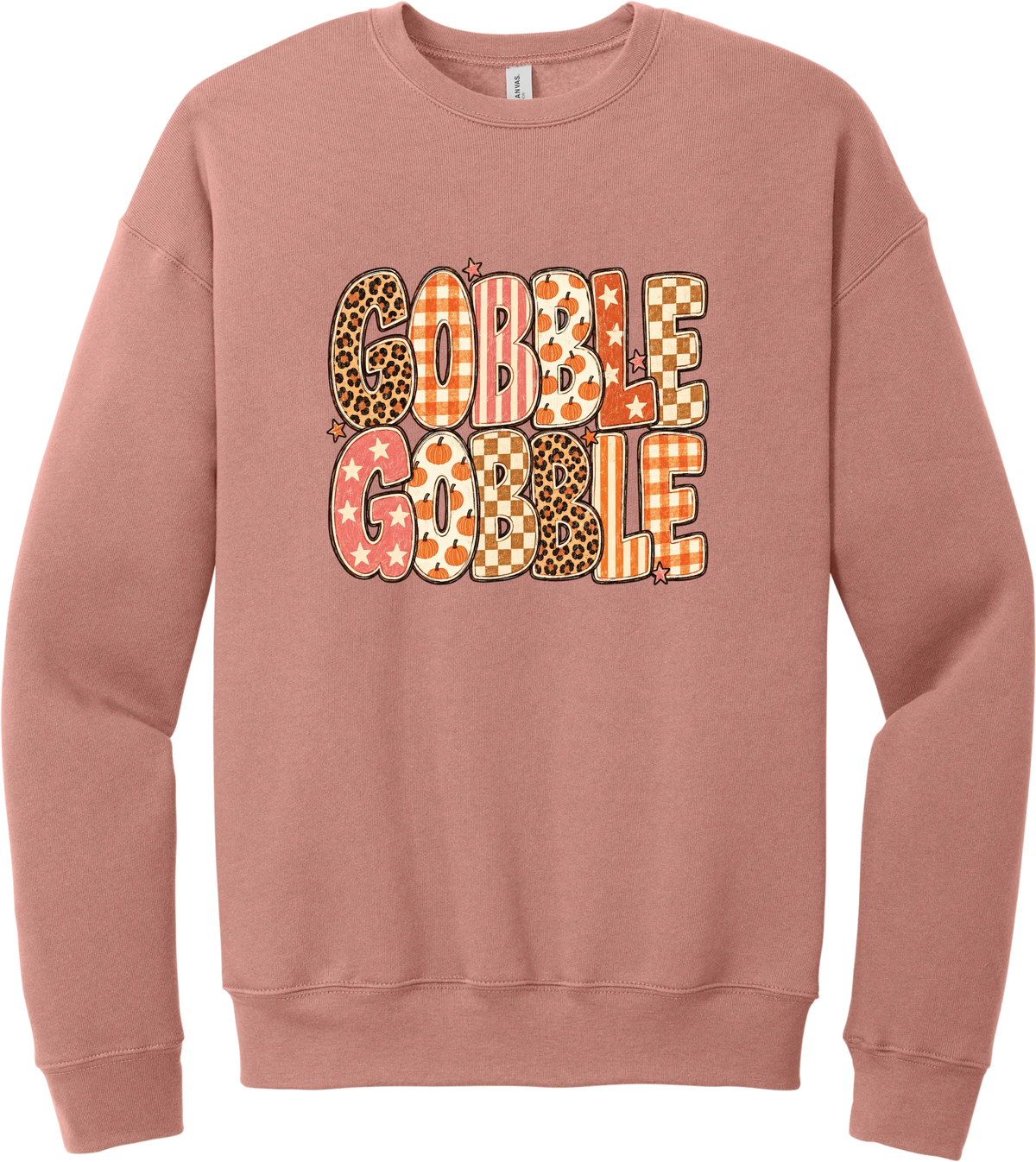 Gobble Gobble Patchwork crewneck sweatshirt in Mauve, featuring Gobble Gobble in bubble letters filled with leopard, gingham, checkerboard, stars, and pumpkin prints
