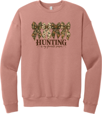 Hunting Is My Favorite Season crewneck sweatshirt in Mauve, featuring four camo coquette bows with antlers, acorns, and deer above Hunting Is My Favorite Season lettering