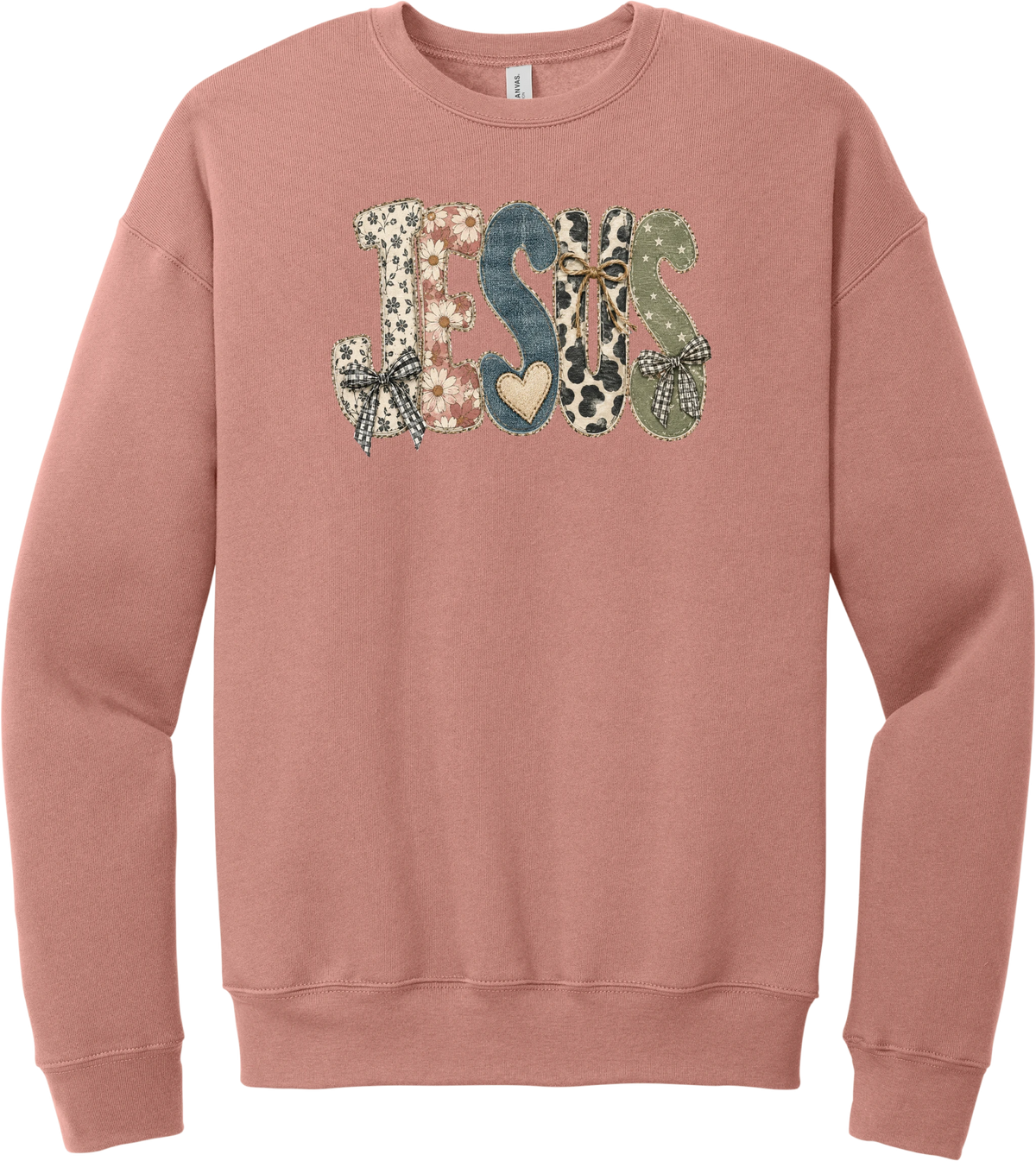 Jesus Patchwork crewneck sweatshirt in Mauve, featuring JESUS in patchwork letters of floral, leopard, denim, and cow print with gingham bows and a heart