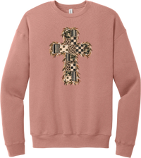 Quilted Patchwork Cross crewneck sweatshirt in Mauve, featuring a patchwork cross in camo, leopard, checkerboard, polka dot, and stripes with a fringed edge