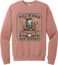 Full of Rage and Whimsy crewneck sweatshirt in Mauve, featuring a dapper frog with a teacup sitting on a mushroom among wildflowers with Full of rage and whimsy