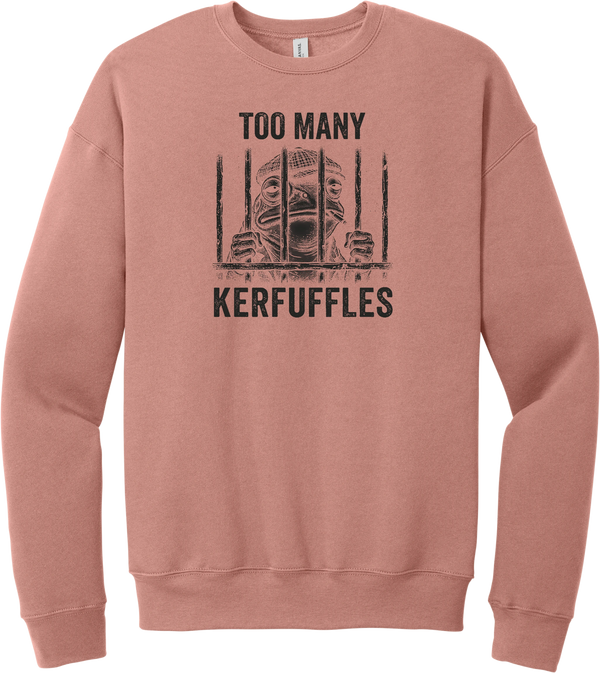Too Many Kerfuffles crewneck sweatshirt in Mauve, featuring a frog in a newsboy cap behind jail bars with Too many kerfuffles
