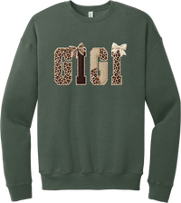 Grandma Leopard Applique crewneck sweatshirt in Military Green, featuring GIGI spelled out in leopard, cream, and chocolate patches with a scalloped stitched applique look and two bows