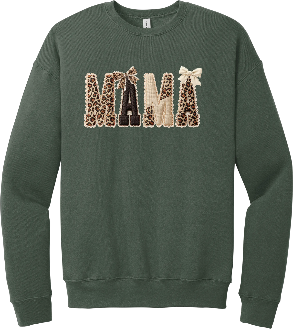 Mama Leopard Applique crewneck sweatshirt in Military Green, featuring MAMA spelled out in leopard, cream, and chocolate patches with a scalloped stitched applique look and two bows