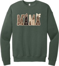 Mama Leopard Applique crewneck sweatshirt in Military Green, featuring MAMA spelled out in leopard, cream, and chocolate patches with a scalloped stitched applique look and two bows