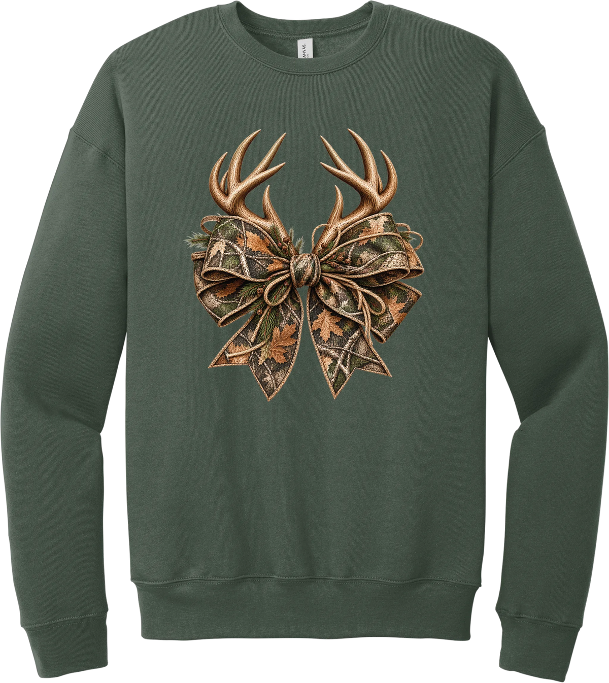 Coquette Antlers crewneck sweatshirt in Military Green, featuring deer antlers tied with an oversized camo bow, twine, and autumn leaves
