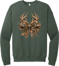 Coquette Antlers crewneck sweatshirt in Military Green, featuring deer antlers tied with an oversized camo bow, twine, and autumn leaves
