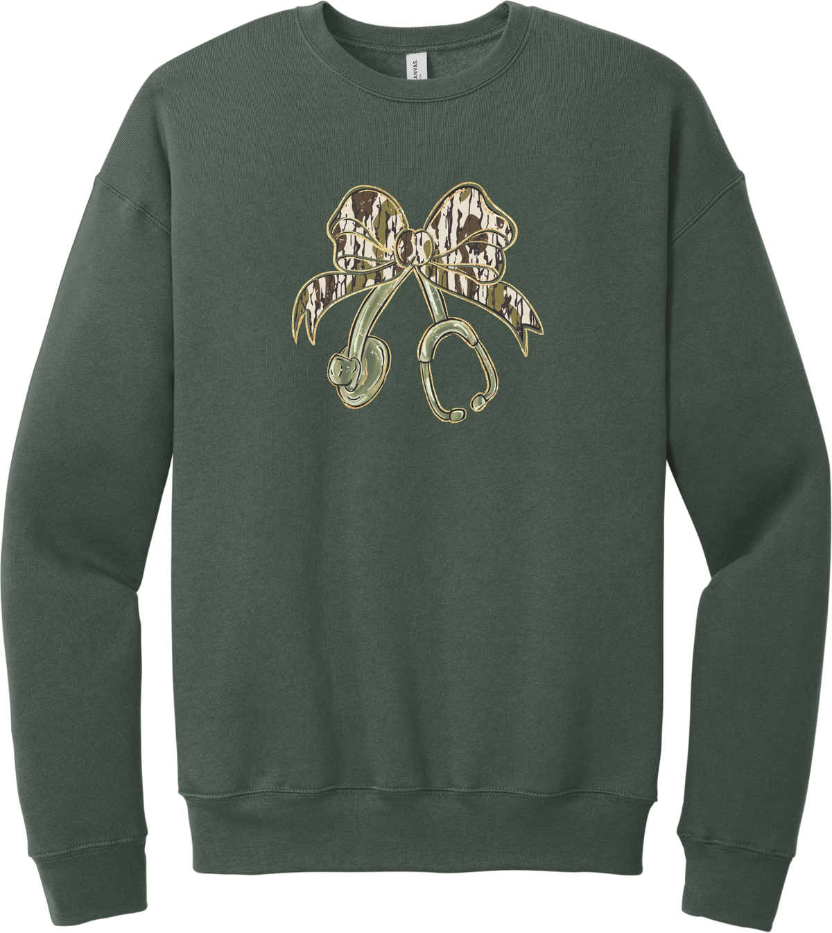 Camo Bow Stethoscope crewneck sweatshirt in Military Green, featuring a glittery camo print coquette bow tied to a sage green stethoscope