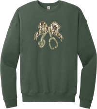 Camo Bow Stethoscope crewneck sweatshirt in Military Green, featuring a glittery camo print coquette bow tied to a sage green stethoscope