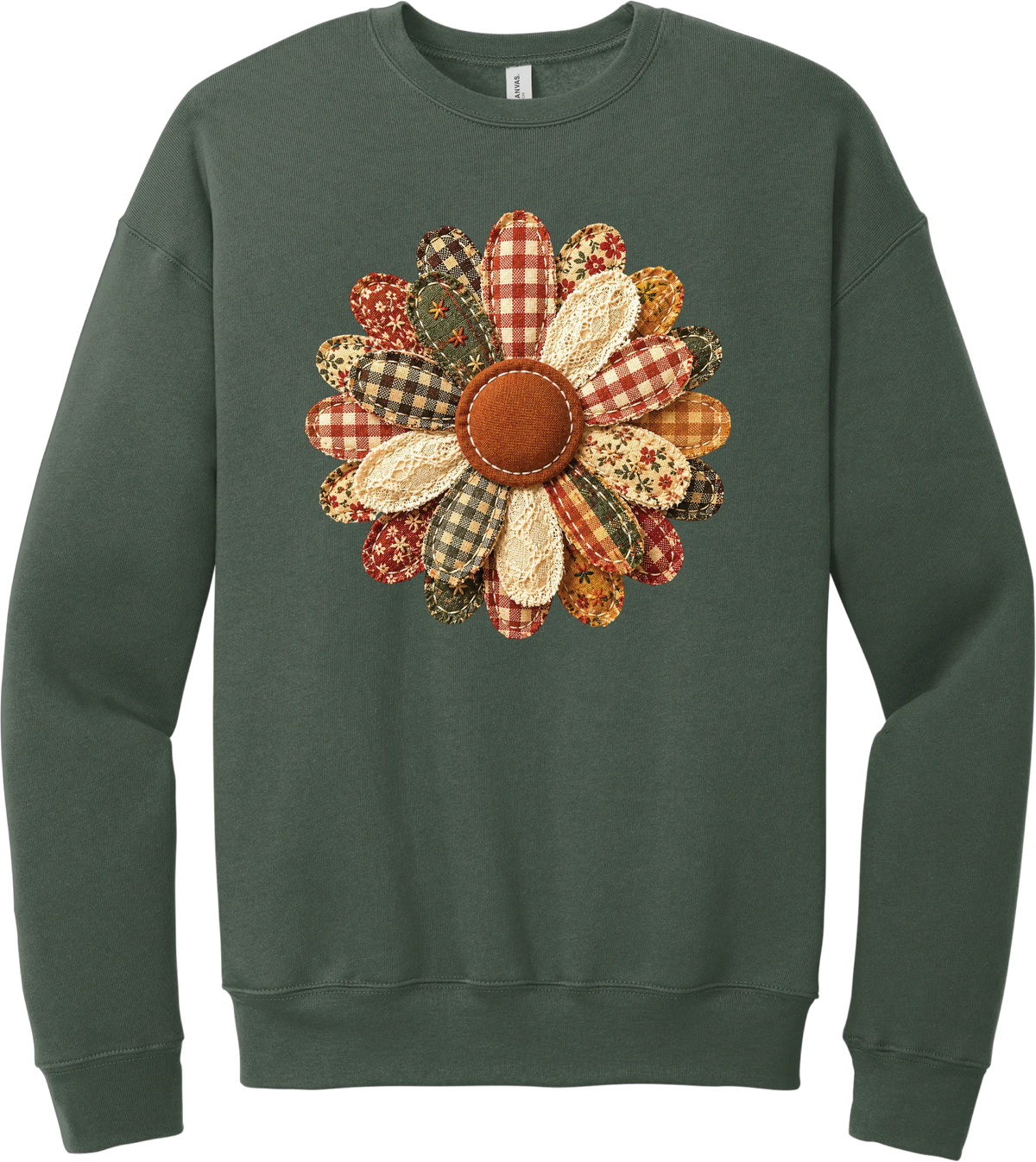 Patchwork Fabric Flower crewneck sweatshirt in Military Green, featuring an oversized fabric flower with plaid, gingham, calico, and cable knit petals around a stitched rust center