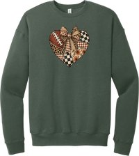For the Love of Football crewneck sweatshirt in Military Green, featuring a patchwork heart in leopard, plaid, and checkerboard with a football and a cream bow