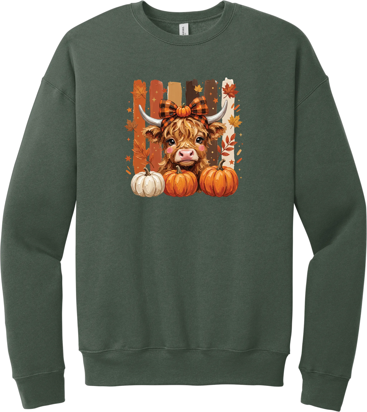 Highland Cozy crewneck sweatshirt in Military Green, featuring a fluffy highland cow calf in a buffalo check bow with pumpkins and painted autumn stripes