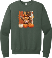 Highland Cozy crewneck sweatshirt in Military Green, featuring a fluffy highland cow calf in a buffalo check bow with pumpkins and painted autumn stripes
