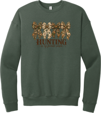 Hunting Is My Favorite Season crewneck sweatshirt in Military Green, featuring four camo coquette bows with antlers, acorns, and deer above Hunting Is My Favorite Season lettering
