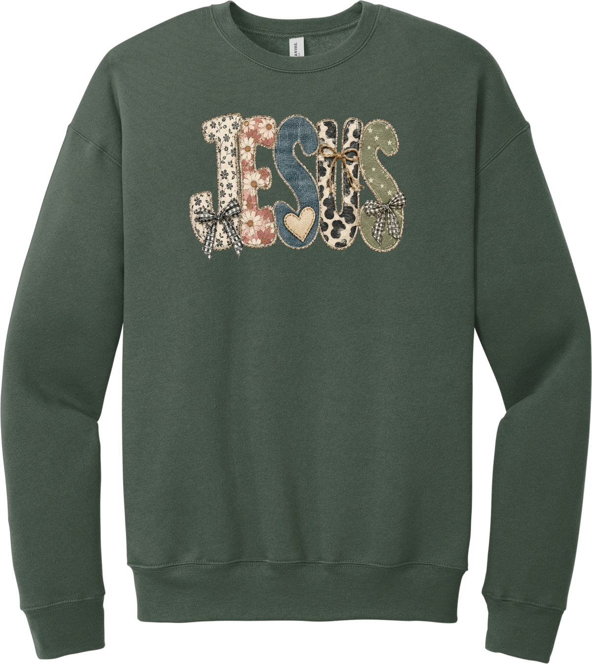 Jesus Patchwork crewneck sweatshirt in Military Green, featuring JESUS in patchwork letters of floral, leopard, denim, and cow print with gingham bows and a heart