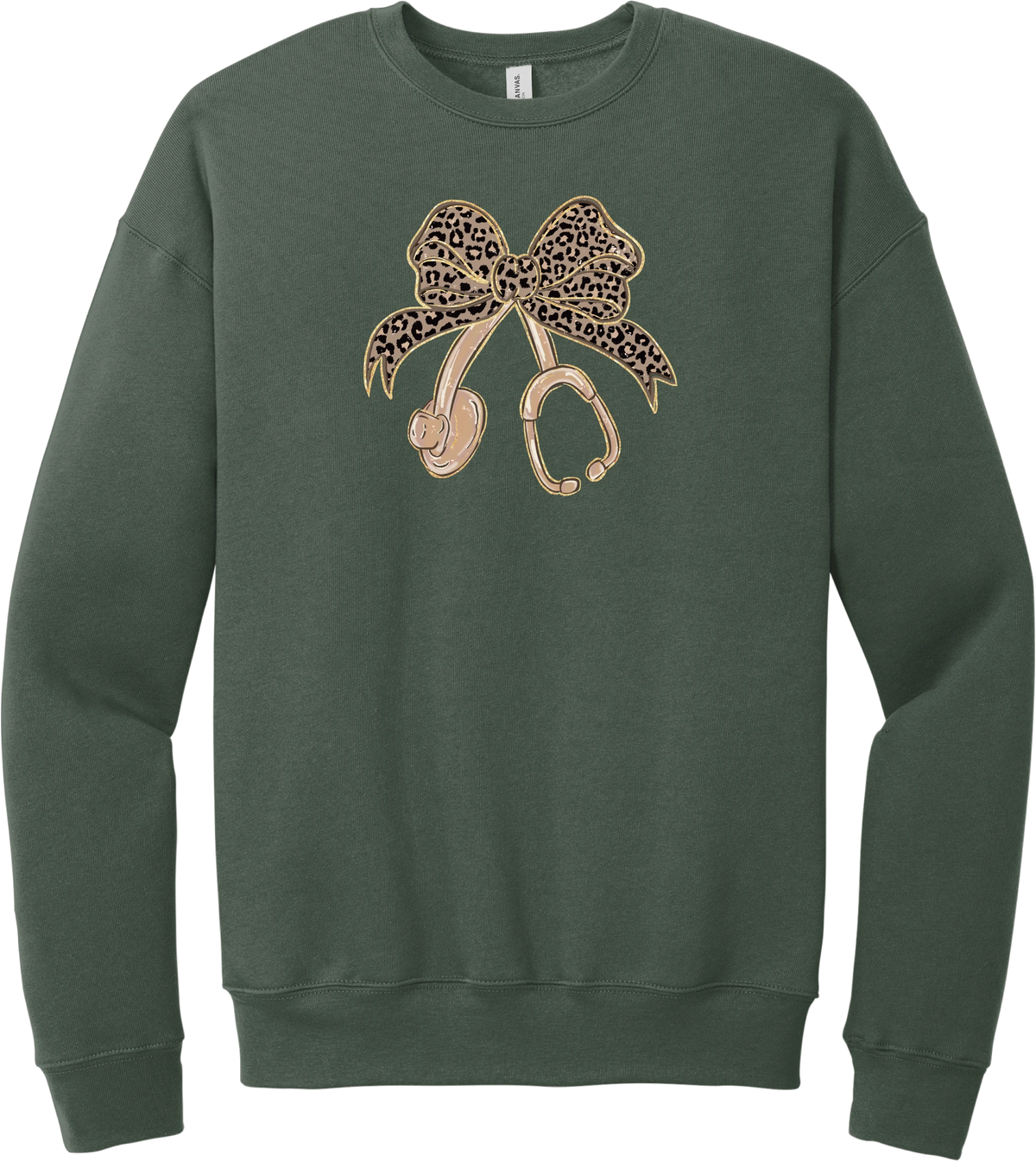 Leopard Bow Stethoscope crewneck sweatshirt in Military Green, featuring a glittery leopard print coquette bow tied to a rose gold stethoscope