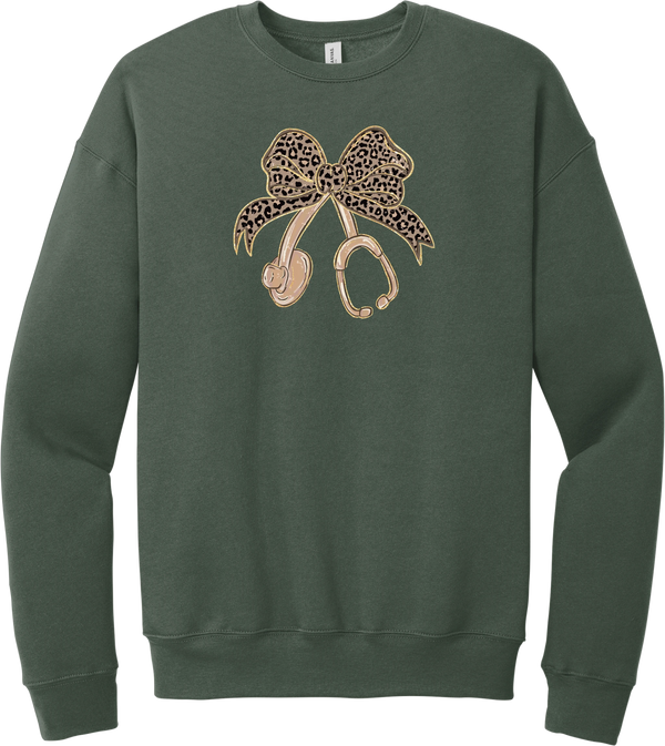 Leopard Bow Stethoscope crewneck sweatshirt in Military Green, featuring a glittery leopard print coquette bow tied to a rose gold stethoscope