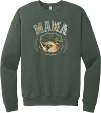 Mallard Mama crewneck sweatshirt in Military Green, featuring MAMA in gingham and floral patchwork letters above a hand-painted mallard framed by ribbons and laurel sprigs