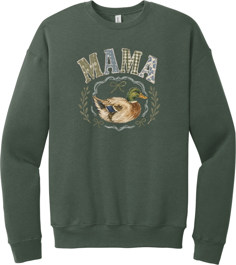 Mallard Mama crewneck sweatshirt in Military Green, featuring MAMA in gingham and floral patchwork letters above a hand-painted mallard framed by ribbons and laurel sprigs