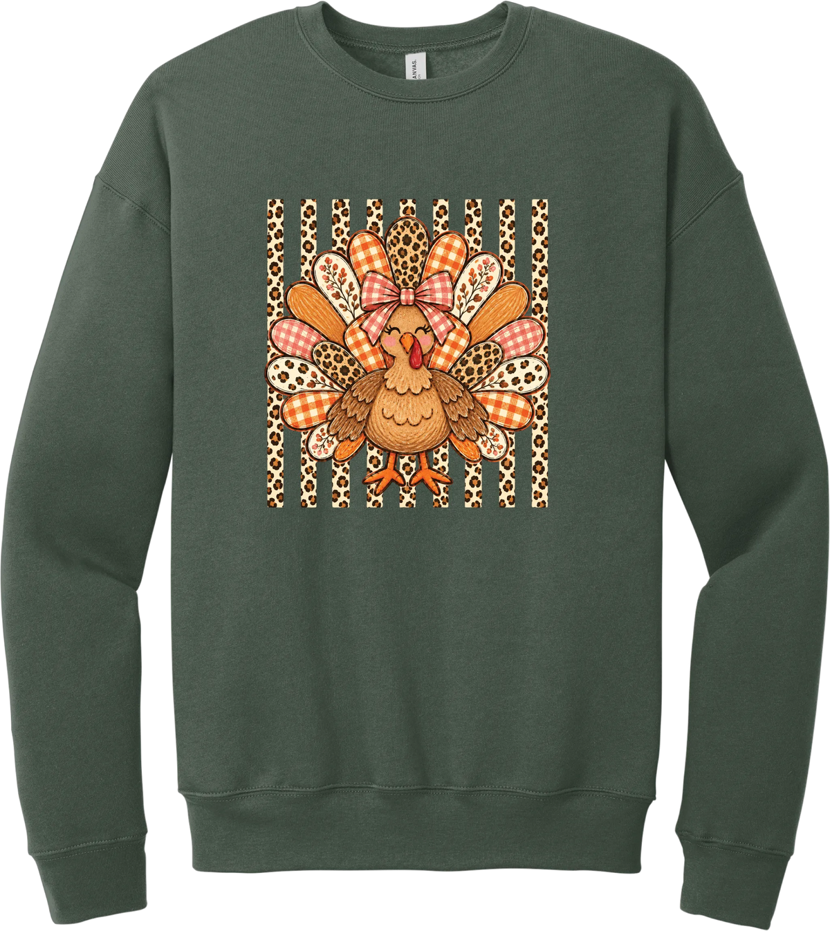 Preppy Turkey crewneck sweatshirt in Military Green, featuring a smiling turkey with gingham and leopard feathers and a pink bow on a leopard stripe background