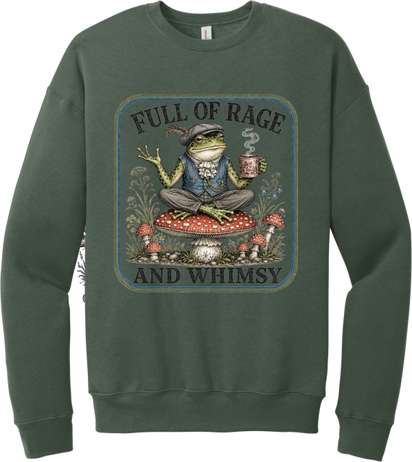 Full of Rage and Whimsy crewneck sweatshirt in Military Green, featuring a dapper frog with a teacup sitting on a mushroom among wildflowers with Full of rage and whimsy
