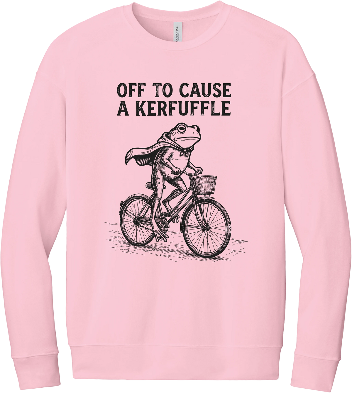 Off to Cause a Kerfuffle crewneck sweatshirt in Pink, featuring a caped frog riding a vintage bicycle with Off to cause a kerfuffle