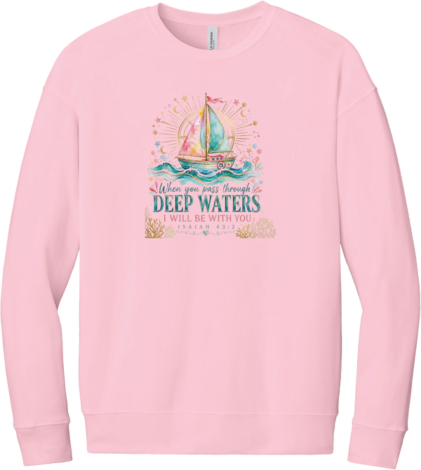 Deep Waters crewneck sweatshirt in Pink, featuring a watercolor sailboat on sparkling waves with When You Pass Through Deep Waters I Will Be With You lettering and Isaiah 43:2