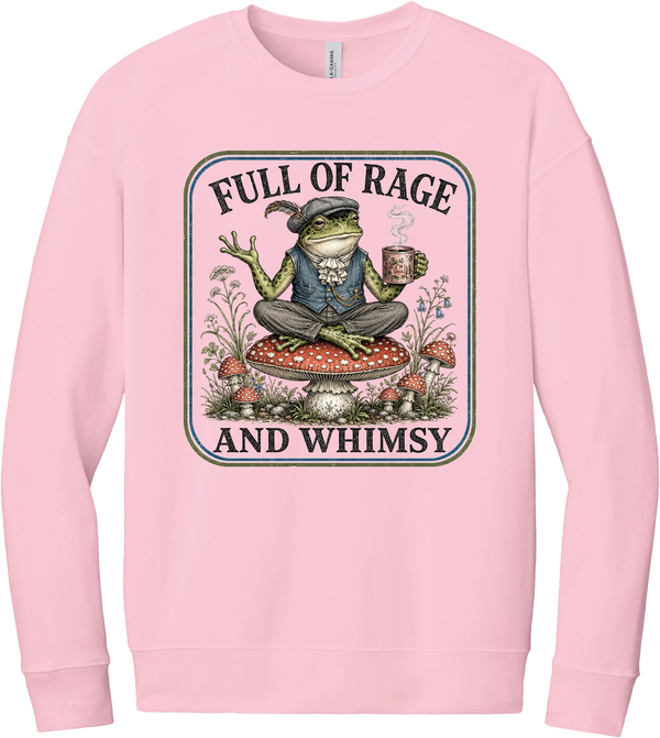 Full of Rage and Whimsy crewneck sweatshirt in Pink, featuring a dapper frog with a teacup sitting on a mushroom among wildflowers with Full of rage and whimsy