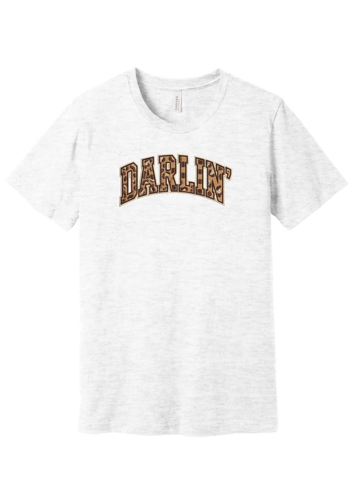 Darlin' tee, Checker Outline design, in Ash, featuring arched varsity DARLIN' letters filled with leopard and checker print