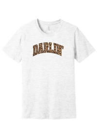 Darlin' tee, Checker Outline design, in Ash, featuring arched varsity DARLIN' letters filled with leopard and checker print