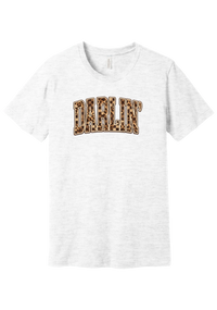 Darlin' tee, Leopard Checker design, in Ash, featuring arched varsity DARLIN' letters filled with leopard and checker print