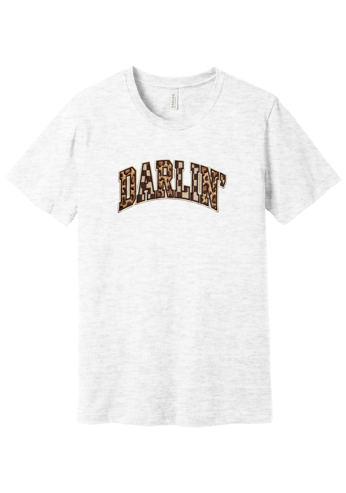 Darlin' tee, Patchwork design, in Ash, featuring arched varsity DARLIN' letters filled with leopard and checker print