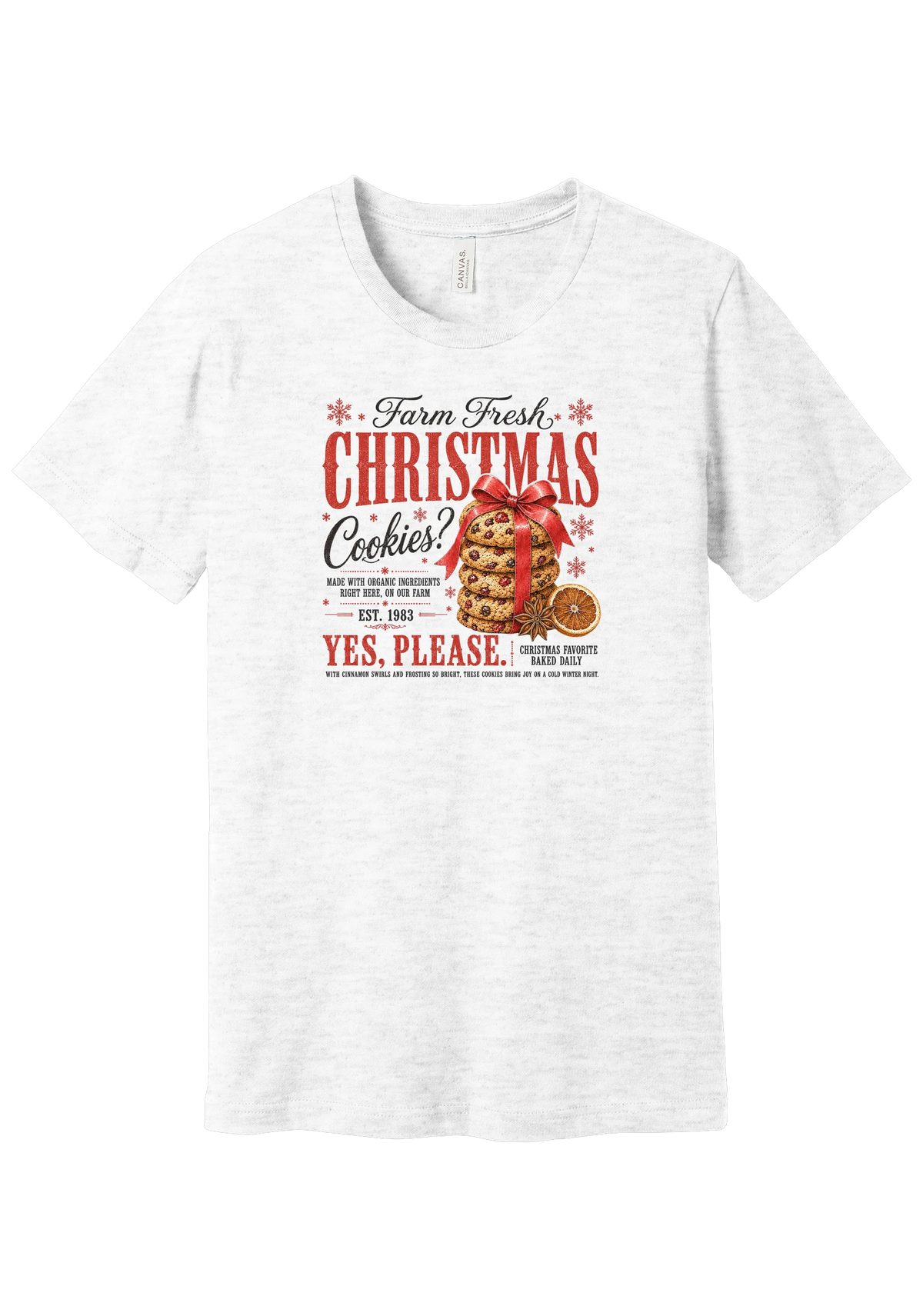 Farm Fresh Christmas Cookies tee in Ash, featuring a vintage farmhouse bakery sign with a stack of Christmas cookies tied in a red ribbon bow