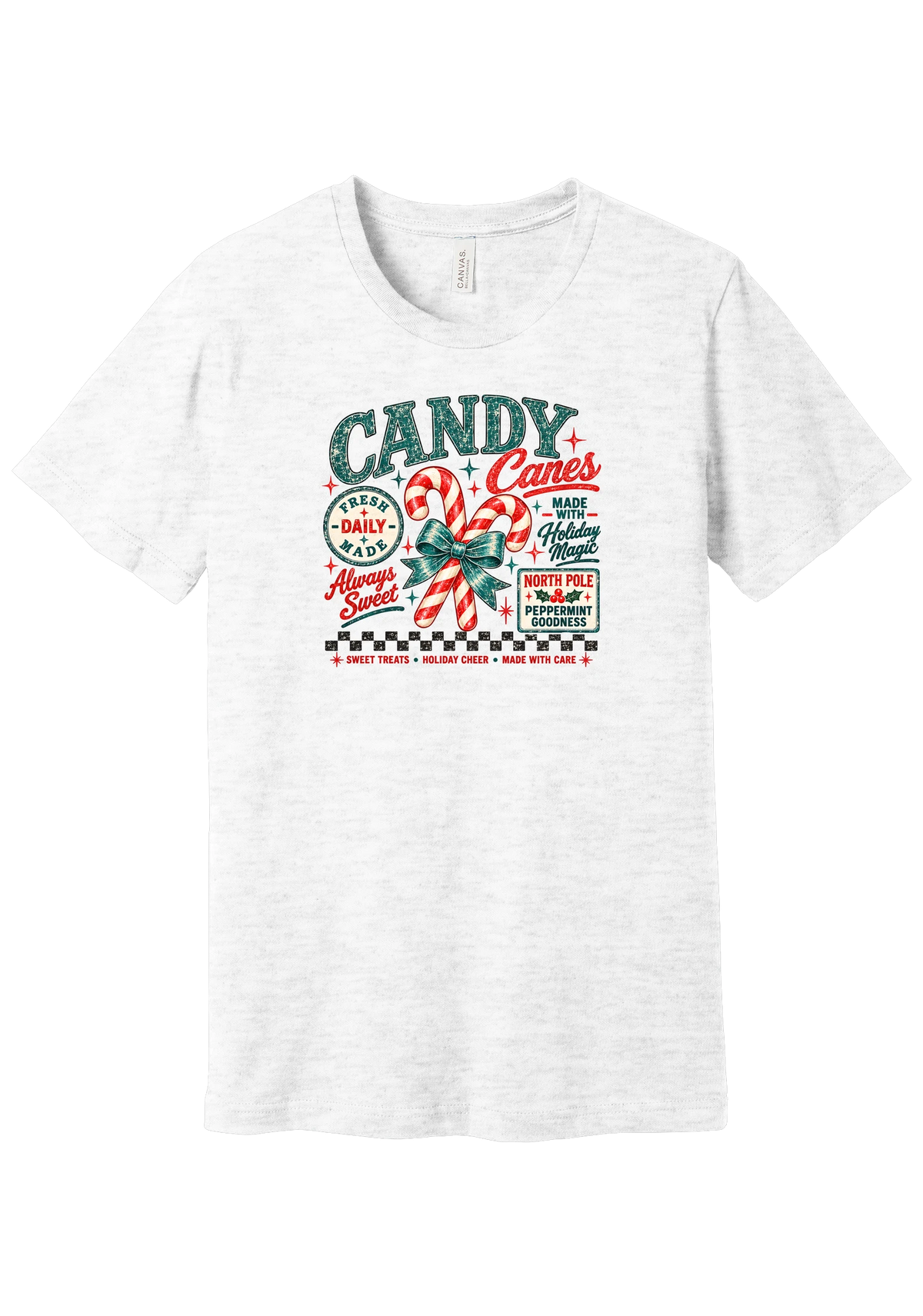 Fresh Candy Canes tee in Ash, featuring vintage candy shop lettering with two striped candy canes tied in a green bow and a North Pole Peppermint sign
