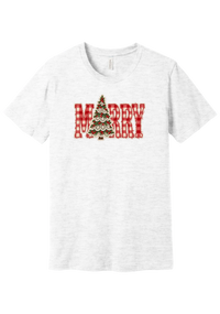 Red Gingham Merry Tree tee in Ash, featuring red gingham MERRY letters with a lace-trimmed Christmas tree in the center