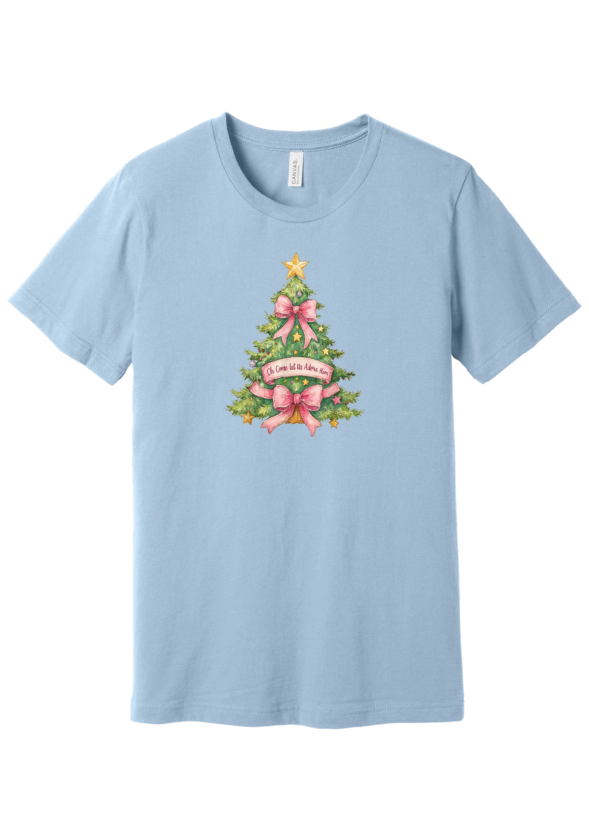 Adore Him Bow Tree tee in Baby Blue, featuring a green Christmas tree dressed in pink bows and a gold star with an Oh Come Let Us Adore Him banner